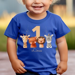 T-Shirt Geburtstagsshirt personalisiert Geburtstagskind Junge Mädchen Dschungeltiere Safari Giraffe Zebra Löwe Bild 1
