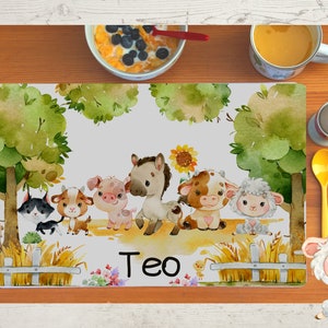 Set de table avec nom enfants garçon fille textile ferme animaux de ferme tracteur