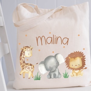 Sac de sport, sac de sport, sac en jute, sac en jute avec nom, sac pour changer de vêtements, animaux de la jungle personnalisés, lion, éléphant, girafe
