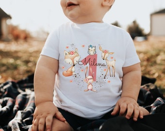 Camiseta camisa de cumpleaños cumpleaños personalizado niño cumpleañero niña animales del bosque oso ciervo zorro búho rosa