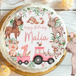 Cake topper fondant birthday child sugar picture girl boy tractor tractor farm farm animals horse donkey cow pink