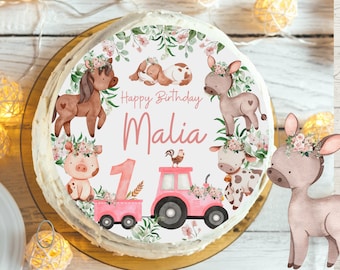 Cake topper fondant birthday child sugar picture girl boy tractor tractor farm farm animals horse donkey cow pink