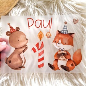 Toppa termoadesiva 1° compleanno Volpe e Orso – personalizzata con nome e numero – toppa termoadesiva per magliette per bambini colorate e bianche – applicazione DTF fai da te