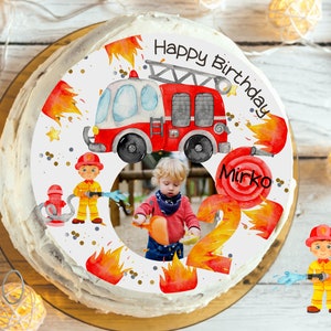 Topper per torta dei vigili del fuoco con foto: decorazione commestibile per torte personalizzate per i compleanni dei bambini dei vigili del fuoco