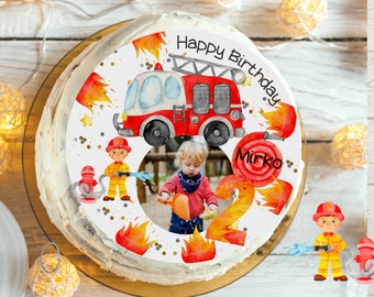 Cake topper with photo fondant birthday child sugar image girl boy fire brigade rescue vehicles fireman