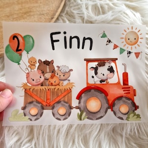 Trattore termoadesivo con animali da fattoria – personalizzato con nome e numero – maglietta di compleanno per bambini – mucca, cavallo, pecora