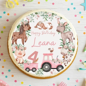 Pink tractor cake topper – farm animals with flowers – personalized with name & number – fondant image for girls – Ø20 cm