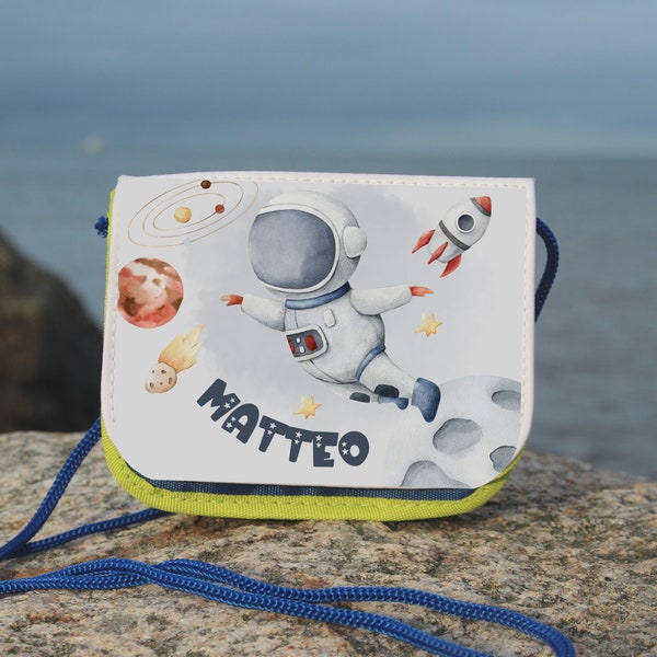 Pochette de cou pour enfants avec porte-monnaie porte-nom astronaute espace fusée spatiale