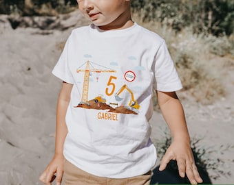 T-Shirt Geburtstagsshirt personalisiert  Geburtstagskind Junge Mädchen Bagger Radlader Baustelle Bauarbeiter Kran