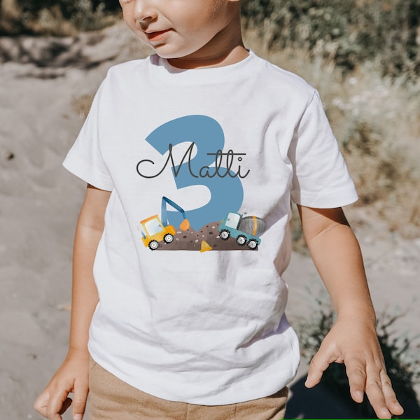 T-Shirt Geburtstagsshirt personalisiert  Geburtstagskind Junge Mädchen Bagger Radlader Baustelle Bauarbeiter