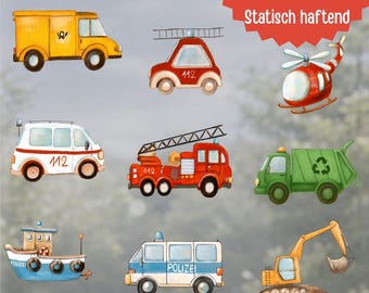 Window cling vehicles for children – fire truck, police truck, garbage truck, excavator – window decoration for children's room – static cling & reusable