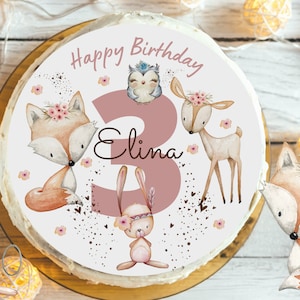 Tortenaufleger rosa Waldtiere personalisiert – Geburtstag Mädchen – Fondantbild Fuchs Reh Hase – Waldgeburtstag Zuckerbild