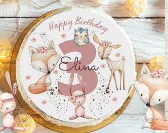 Cake topper fondant birthday child sugar image girl boy forest animals fox children's birthday cake decoration birthday cake vegan