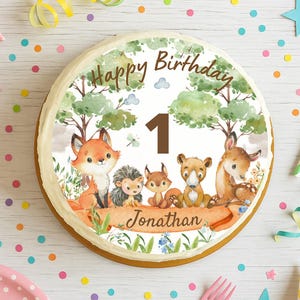 Decorazione per torta a forma di animali della foresta – personalizzata con nome ed età – immagine commestibile in pasta di zucchero Ø20 cm – vegana e senza glutine – per compleanni dei bambini