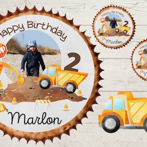 Muffin topper with photo cupcake muffin muffins fondant birthday child sugar image girl excavator wheel loader construction site
