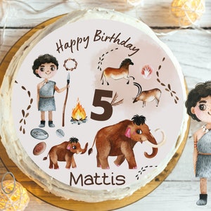 Cake Topper Fondant Birthday Child Sugar Image Girl Boy Stone Age Caveman Cave Painting Mammoth