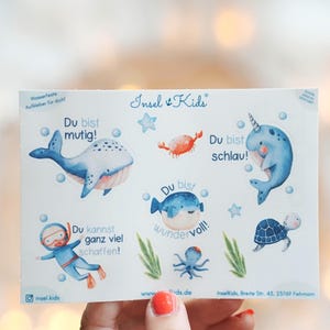 Autocollants imperméables pour enfants – autocollants d'affirmation en allemand – autocollants animaux marins – autocollants pour cadeau d'inscription scolaire