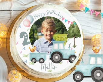 Gâteau avec photo fondant anniversaire enfant sucre image fille garçon ferme animaux tracteur tracteur