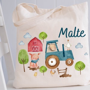 Sac de sport, sac de sport, sac en jute, sac en jute avec nom, sac pour changer le linge, personnalisé, tracteur, ferme, bleu