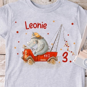 Iron-on image with desired name and age personalized fire brigade rescue vehicles rhinoceros