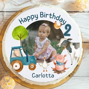 Cake topper with photo – personalized with name & age – fondant sugar image tractor farm animals – birthday child girl boy