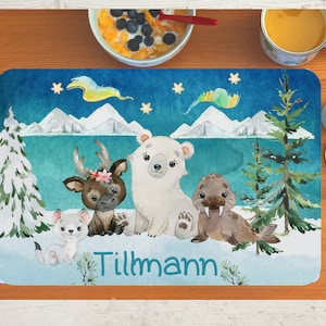 Tischset Platzset Platzdeckchen mit Name Kinder Junge Mädchen Textil Polartiere Nordpol Eisbär Schneefuchs Robbe