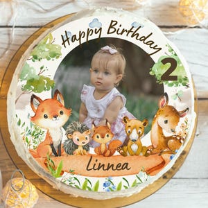 Cake topper with photo forest animals – personalized sugar image fox deer hedgehog – fondant topper children&#39;s birthday