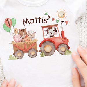 Iron-on transfer personalized with desired name and age tractor tractor farm farm animals sheep horse cow image 1