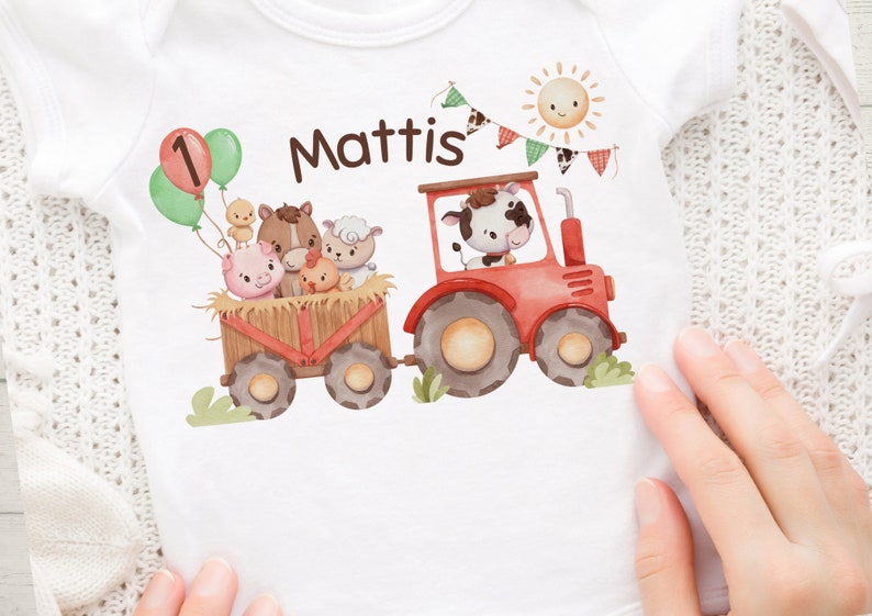 Iron-on transfer personalized with desired name and age tractor tractor farm farm animals sheep horse cow image 1