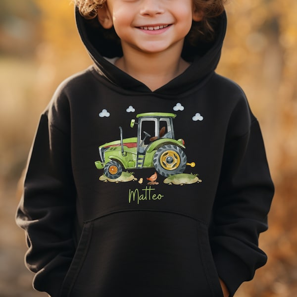 Hoodie personalisiert Kinderpullover Pulli Kapuzenpulli Traktor grün Bauernhof Trecker