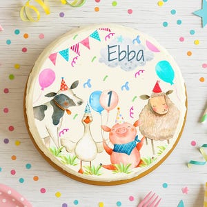 Cake topper farm birthday – fondant picture with name & number – animals children&#39;s birthday – cow pig sheep goose