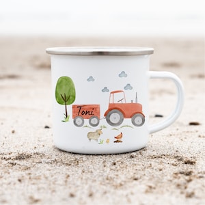 Taza esmaltada con tractor y nombre – Taza infantil de granja – Personalizada para guardería y cumpleaños