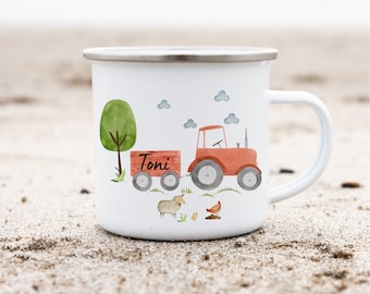 Tractor enamel mug with name – Children&#39;s mug farm – Personalized for daycare & birthday
