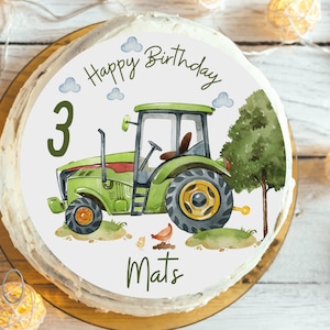 Topper per torta trattore verde con nome – immagine di fattoria in zucchero per compleanno di un bambino – immagine di animali con trattore in pasta di zucchero