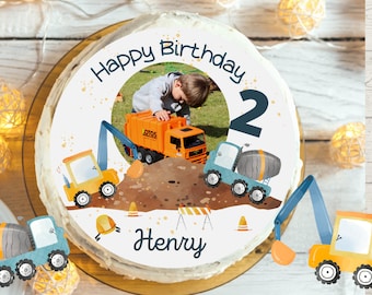 Cake topper with photo fondant birthday child sugar picture girl boy construction site construction worker construction site vehicles wheel loader excavator