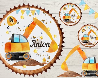 Muffin Topper Cupcake Muffin Muffins Fondant Birthday Child Sugar Image Girl Boy Construction Site Excavator Construction Worker