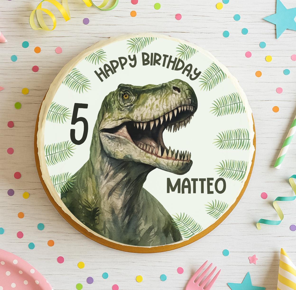 Decorazione per torta T-Rex personalizzata – immagine realistica di un dinosauro in zucchero con nome e numero – festeggiato