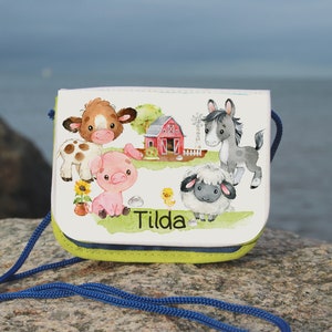 Bolsa de cuello para niños con nombre, monedero, animales de granja, caballo, vaca, cerdo
