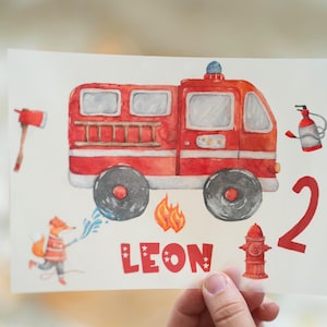 Opstrijkbare patch brandweervos – gepersonaliseerd met naam en nummer – voor de 2e verjaardag van een jongen – T-shirtmotief brandweerdier feest