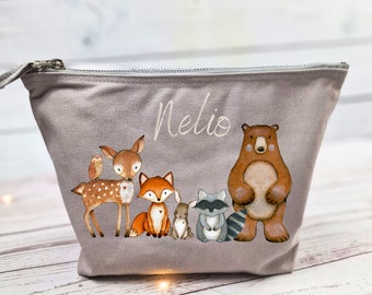 Diaper bag personalized with name toiletry bag wash bag forest animals bear deer rabbit fox