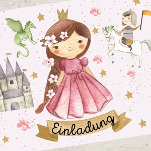 8 tarjetas de invitación para la fiesta de cumpleaños infantil Castillo de la Princesa Caballero Dragón