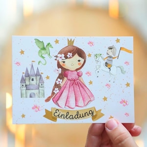 Uitnodigingskaarten Prinses Ridder Draak – 8 kaarten kinderverjaardag DIN A6 – Kasteel & sprookjesmotief – beschrijfbaar, liefdevol geïllustreerd