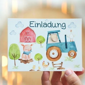 Einladungskarten Bauernhof Kindergeburtstag – 8 Karten DIN A6 – mit Traktor, Schwein, Huhn & Scheune – beschreibbar