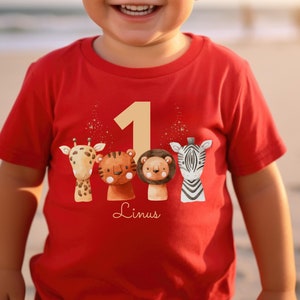 T-Shirt Geburtstagsshirt personalisiert Geburtstagskind Junge Mädchen Dschungeltiere Safari Giraffe Zebra Löwe Bild 3
