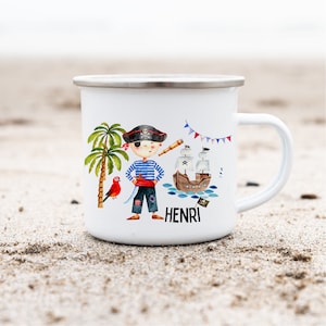 Emailletasse Emaillebecher mit Namen personalisiert Pirat Seeräuber Piratenschiff Unterwasser Meerestiere