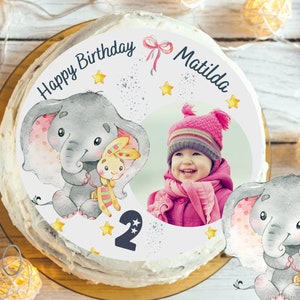 Cake Topper with Photo Fondant Birthday Child Sugar Image Girl Boy Elephant Baby Pink