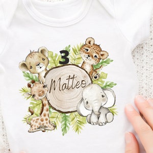 Immagine da stirare personalizzata con il nome desiderato e l'età desiderata volpe compleanno camicia animali della giungla leone tigre elefante giraffa