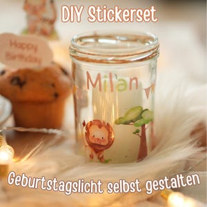 Sticker Dschungeltiere für Geburtstagslicht – personalisierbar – wasserfest & ablösbar – für Kerzenglas Deko Kindergeburtstag – A6/A5/A4
