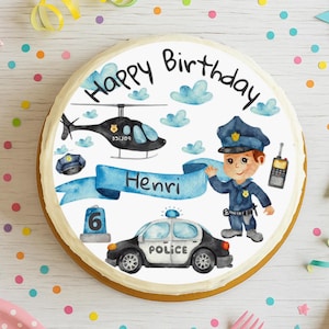 Decorazione per torta personalizzata a forma di polizia – immagine in pasta di zucchero con nome ed età – festeggiato – immagine per torta per bambini – immagine in zucchero del motto della polizia da 20 cm