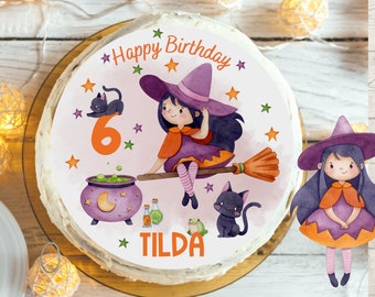 Cake Topper Fondant Birthday Child Sugar Image Boy Girl Witch Witches Broom Magic Conjuring Halloween Witch Birthday